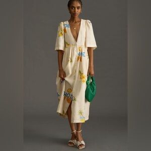 RHODE Karline midi printed dress sz L Shirtdress short sleeve linen